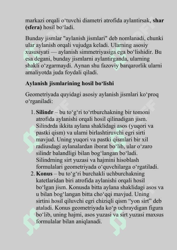 Aylanish jismlarini o'qitish metodikasi. 2