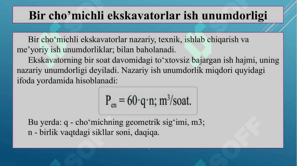 Bir cho’michli ekskavatorlar ish unumdorligi 2