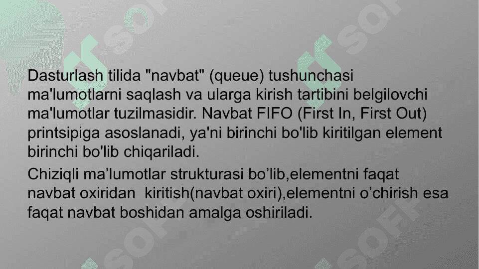 Ma'lumotlar tuzilmasi va algoritmlash fanidan navbat (queue) mavzusida mustaqil ish 4