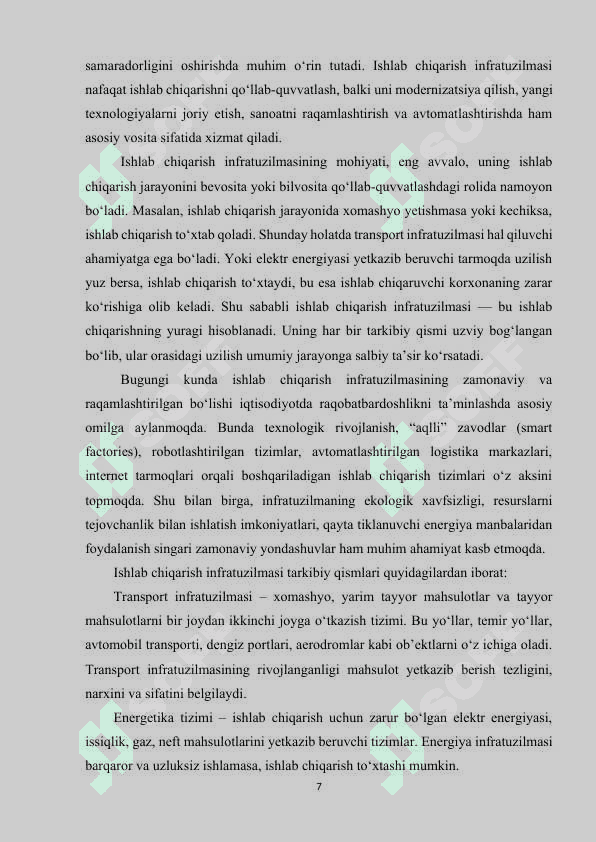 Milliy iqtisodiyotda ishlab chiqarish infratuzilmasi tarkibiy qismlari oʻrtasidagi mutanosiblikni taminlash yoʻnalishlari. 7