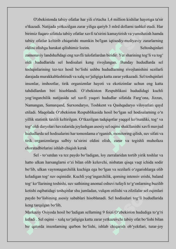 Sel kelishi mumkin bo'lgan hududlarda evakuatsiya tadbirlarini tashkil etish 2
