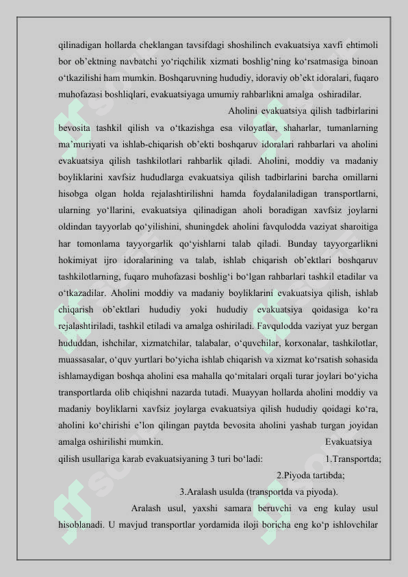 Sel kelishi mumkin bo'lgan hududlarda evakuatsiya tadbirlarini tashkil etish 7