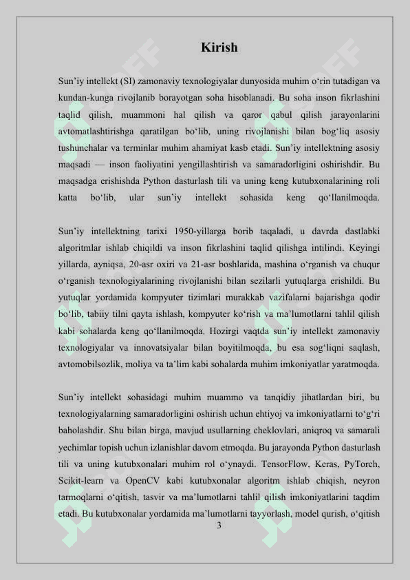 Sun’iy intellektga kirish. Python dasturi kutubxonalari bilan tanishish. Python kutubxonalarini sun’iy intellekt sohalarida tadbiq qilish. 3