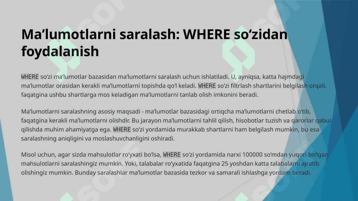 Ma’lumotlarni saralash. Where standart so‘zidan foydalanish 3
