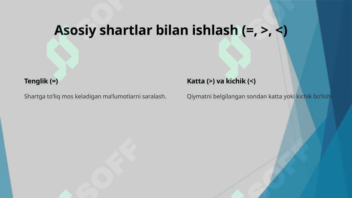 Ma’lumotlarni saralash. Where standart so‘zidan foydalanish 7