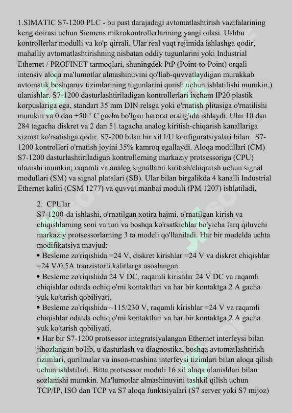 S7-1200 kontrollerlar mustaqil ish, referat 3