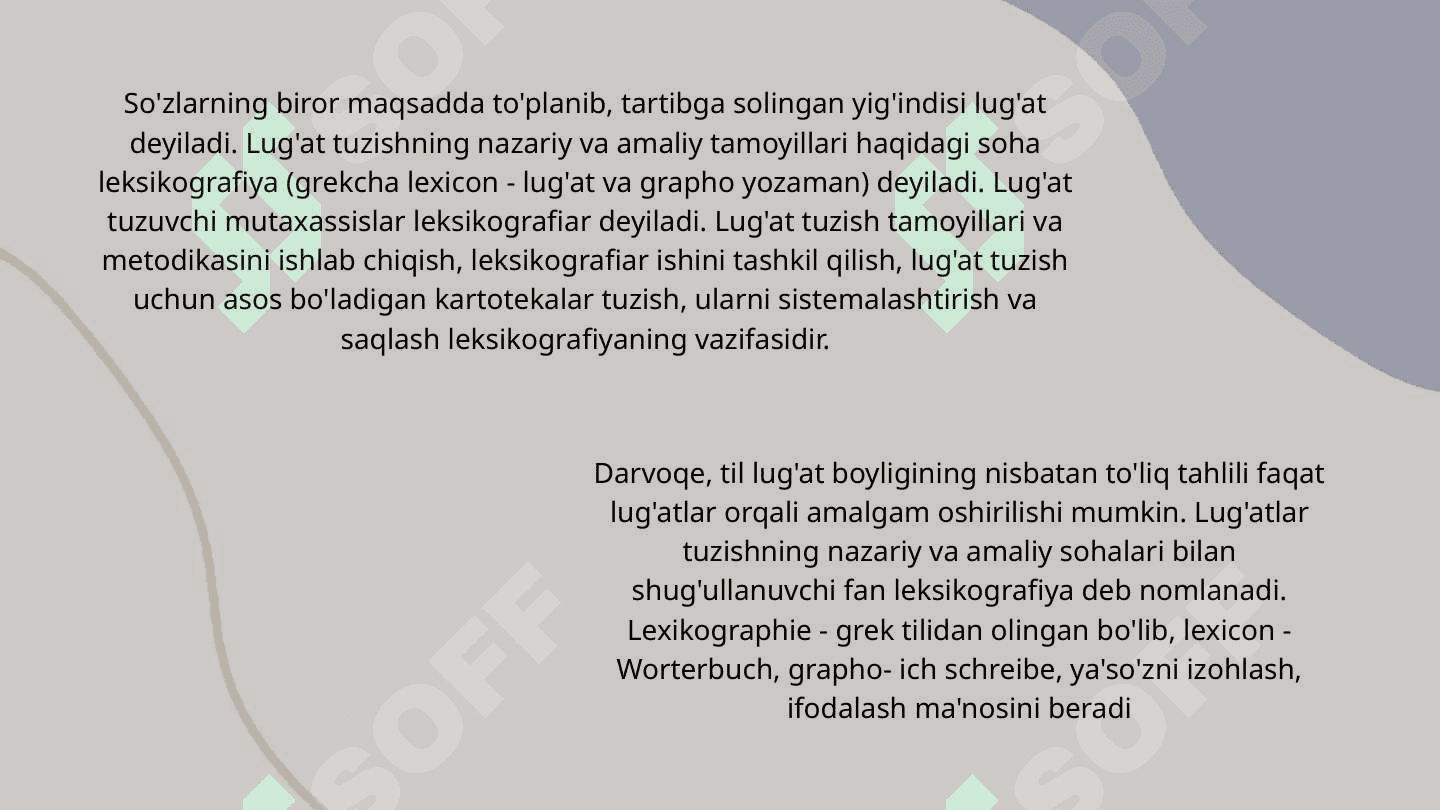 Oʻzbek leksikografiyasi. Bir tilli va ikki tilli lug'atlar bilan tanishish. O'zbek tilining izohli lug'atida berilgan sohaga oid so'zlar izohi bilan tanishish 4