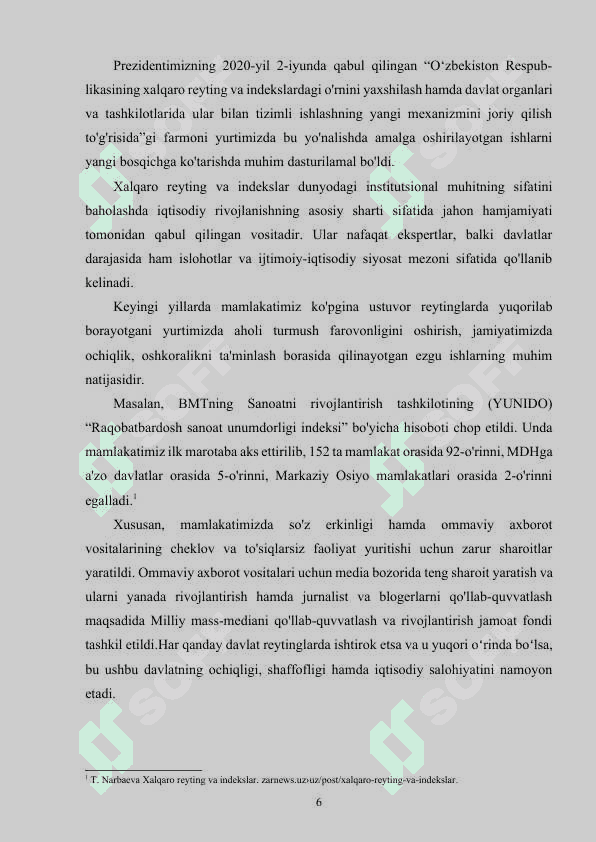 O’zbekiston respublikasining xalqaro reyting va indekslardagi o‘rni va nufuzining ortib borishi 6