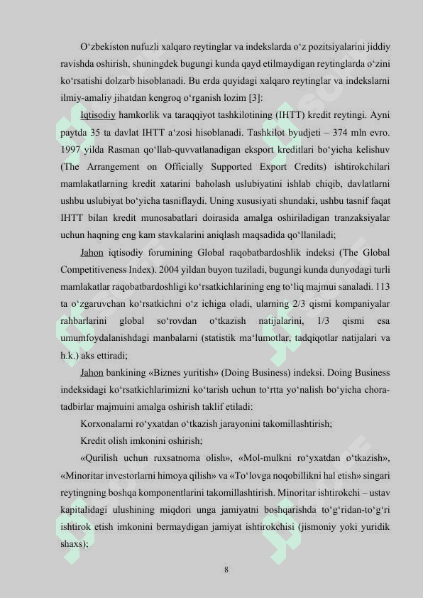 O’zbekiston respublikasining xalqaro reyting va indekslardagi o‘rni va nufuzining ortib borishi 8