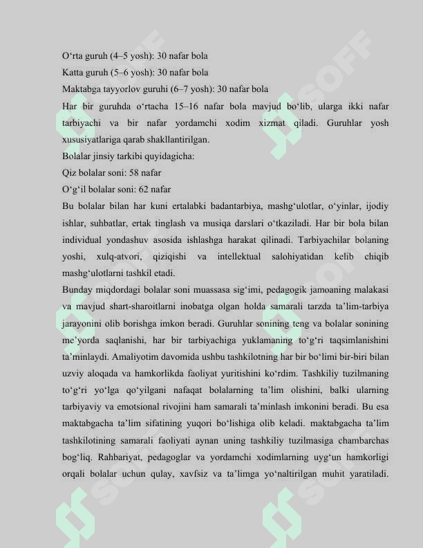 Maktabgacha ta’lim tashkilotida amaliyot faol kuzatuvlarmashg‘ulotlar va natijalar                                      Bog‘chada amaliyot o‘tash bo‘yicha to‘liq hisobot 4