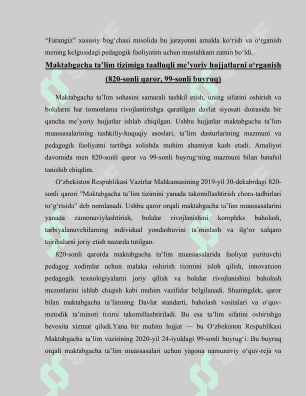 Maktabgacha ta’lim tashkilotida amaliyot faol kuzatuvlarmashg‘ulotlar va natijalar                                      Bog‘chada amaliyot o‘tash bo‘yicha to‘liq hisobot 5