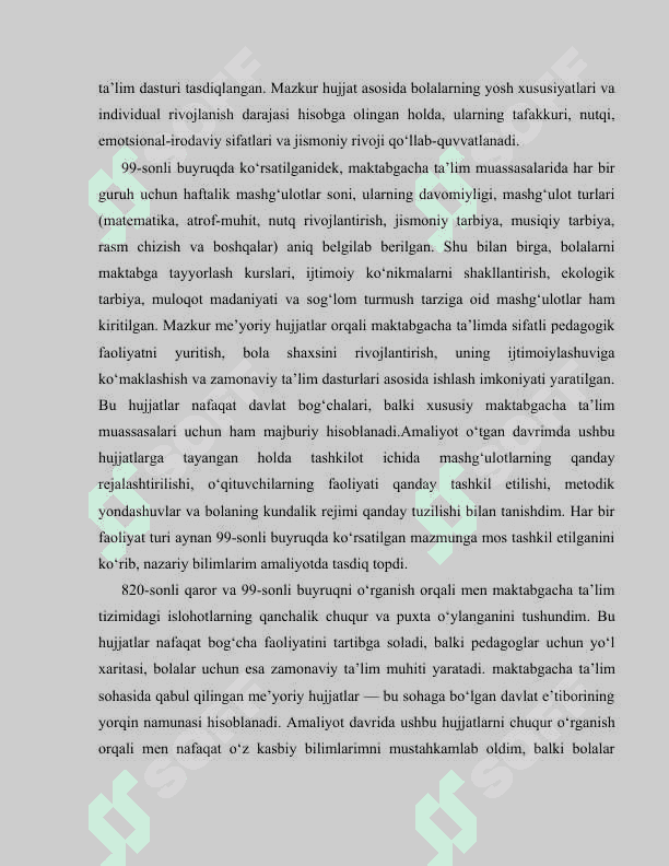 Maktabgacha ta’lim tashkilotida amaliyot faol kuzatuvlarmashg‘ulotlar va natijalar                                      Bog‘chada amaliyot o‘tash bo‘yicha to‘liq hisobot 6