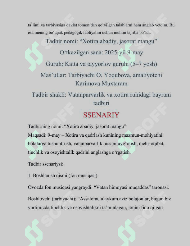 Maktabgacha ta’lim tashkilotida amaliyot faol kuzatuvlarmashg‘ulotlar va natijalar                                      Bog‘chada amaliyot o‘tash bo‘yicha to‘liq hisobot 7