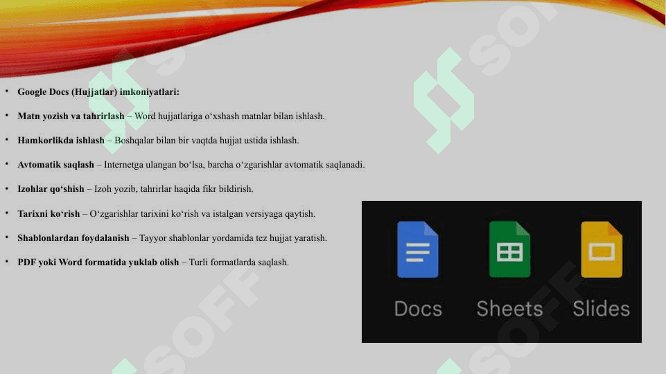 Google Docs, Sheets va Slides imkoniyatlari 3
