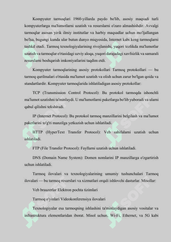 KOMPYUTER TARMOQLARINING RIVOJLANISHI. KOMPYUTER TARMOQLARINING ASOSIY PROTOKOLLARI. TARMOQ ILOVA VA TEXNOLOGIYALARINING UMUMIY TUSHUNCHALARI. 2