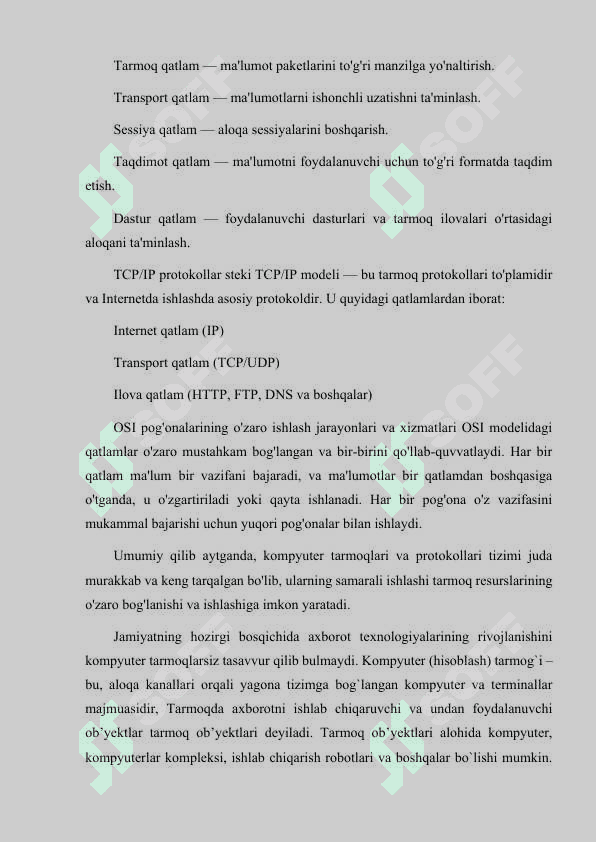 KOMPYUTER TARMOQLARINING RIVOJLANISHI. KOMPYUTER TARMOQLARINING ASOSIY PROTOKOLLARI. TARMOQ ILOVA VA TEXNOLOGIYALARINING UMUMIY TUSHUNCHALARI. 4