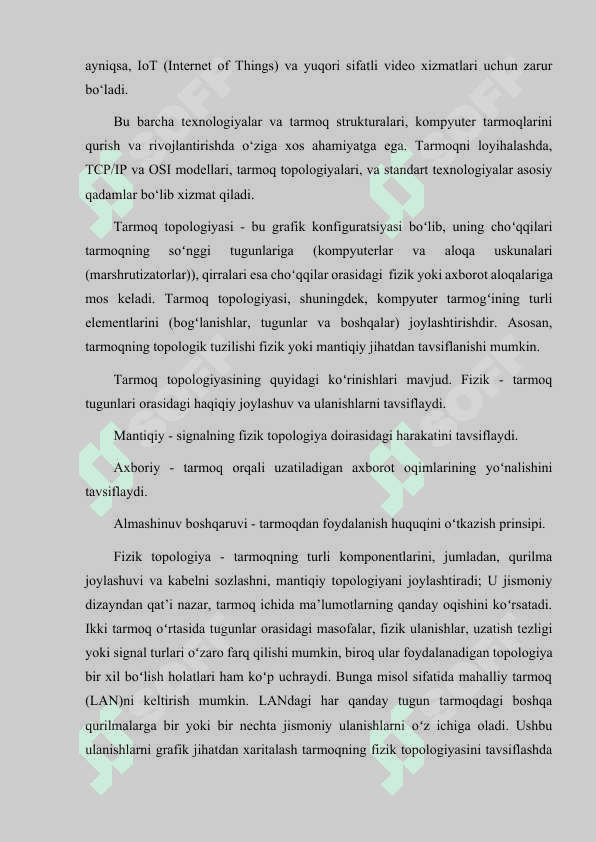 TARMOQ TOPOLOGIYALARI:BESH, YULDUZ, DARAXT, SHINA, HALQA TCP/IP VA OSI MODELLARNING KOMPYUTER TARMOQLARINI QURISHDA O'RNI. TARMOQ STANDARTLARINI TARTIBGA SOLUVCHI QO'MITALAR. 4