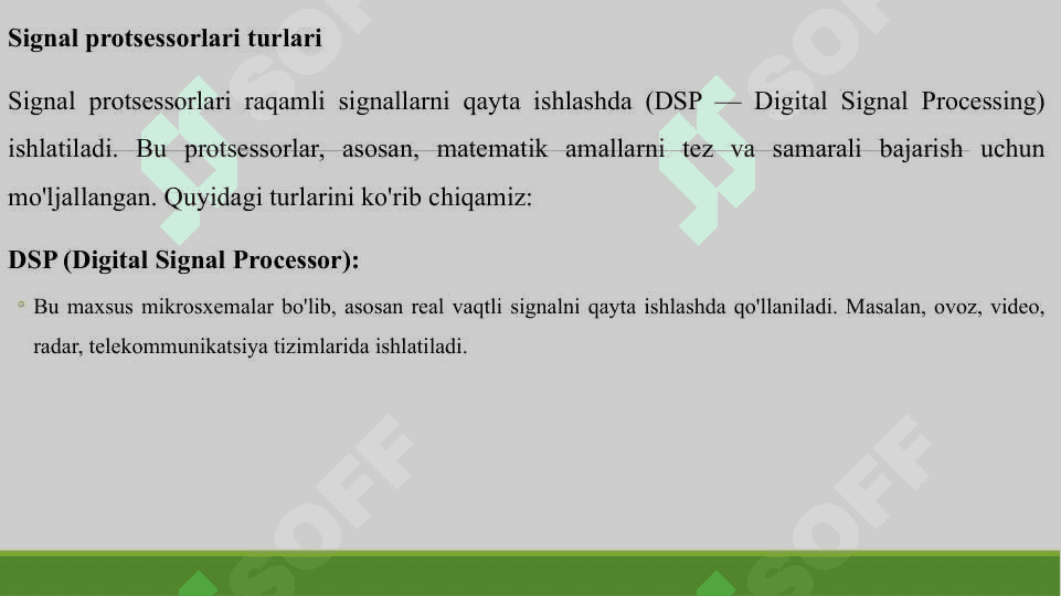 SIGNAL PROTSESSORLARI TURLARI. KONVEYER VA SUPERSKALYAR ARXETEKTURALAR. SHARC SIGNAL PROTSESSORLARI VA ISHLASH PRINSIPLARI. VEYVLET-BAZIS. 8
