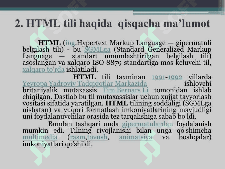 Statik veb sahifalar ishlab chiqish.HTML tili. 6