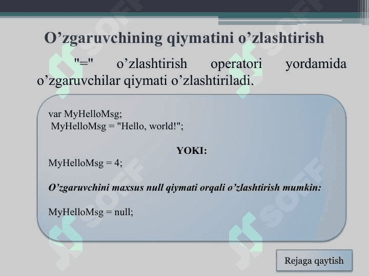 JavaScriptda ma’lumotlar tiplari va o’zgaruvchilar bilan ishlash 6