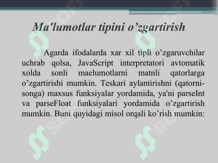 JavaScriptda ma’lumotlar tiplari va o’zgaruvchilar bilan ishlash 8