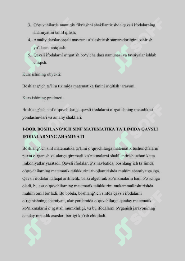 MAVZU: BOSHLANGICH MATEMATIKA KURSIDA QAVSLI IFODALARNI ORGATISH METODIKASI. Kurs ishi 4