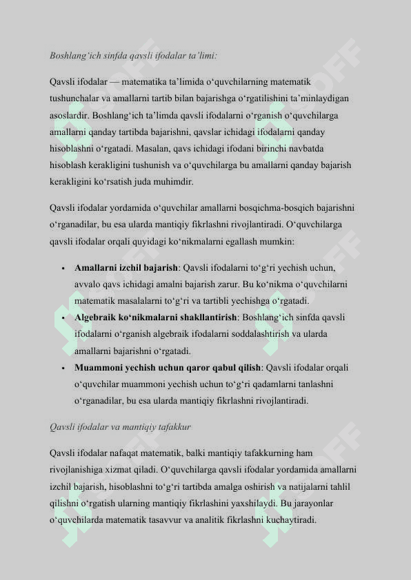 MAVZU: BOSHLANGICH MATEMATIKA KURSIDA QAVSLI IFODALARNI ORGATISH METODIKASI. Kurs ishi 5