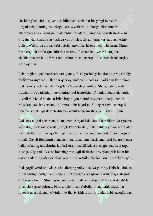 MAVZU: BOSHLANGICH MATEMATIKA KURSIDA QAVSLI IFODALARNI ORGATISH METODIKASI. Kurs ishi 8