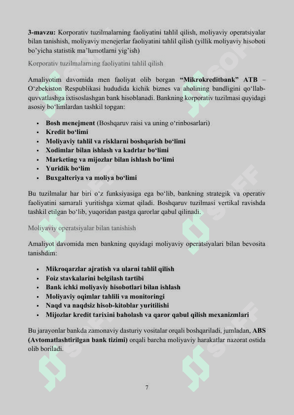 Bitiruv malakaviy amaliyot daftari. MIKROKREDIT BANK 7