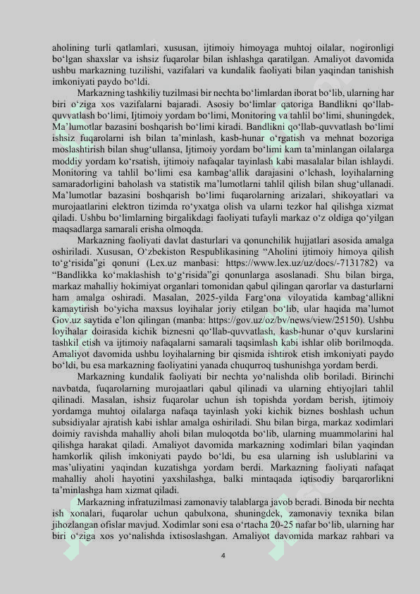 Kambagʻallikni qisqartirish va bandlikka koʻmaklashish markazi Amaliyot hisoboti 5
