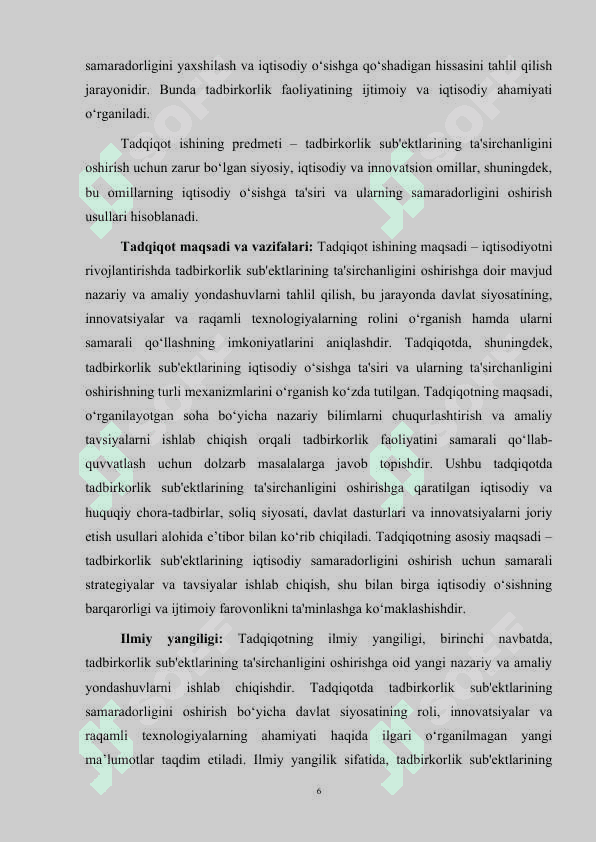 IQTISODIYOTNI RIVOJLANTIRISHDA TADBIRKOLIK SUB`EKTLARINIG TA'SIRCHANLIGI OSHIRISH YO'LLARI (SURXONDARYO VILOYATI MISOLIDA). 6