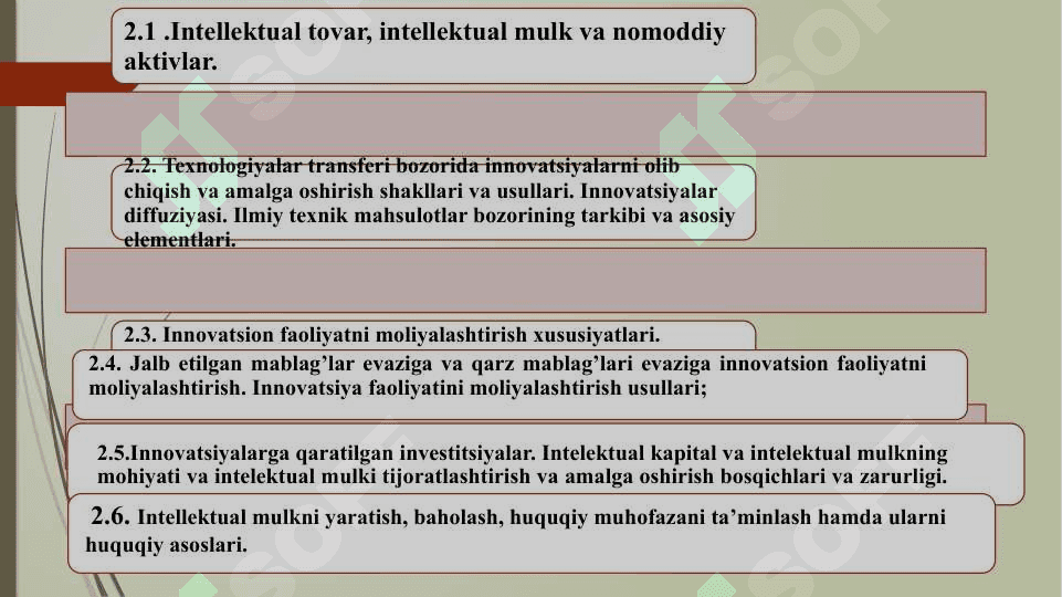 Ilmiy-texnik mahsulotlar bozori va innovatsiyalar diffuziyasi. Innovatsiyalarni moliyalashtirish va investitsion ta’minot. Intelektual kapital va bilimlar iqtisodiyoti. Innovatsion jarayon va faoliyatni diversifikatsiyalash 3