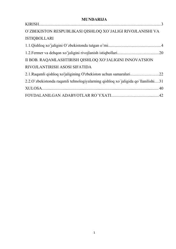 O`ZBEKISTON RESPUBLIKASI QISHLOQ XO`JALIGI RIVOJLANISHI VA ISTIQBOLLARI