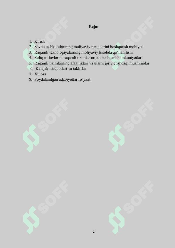 Savdo tashkilotlarida moliyaviy natijalar va soliq to'lovlarini raqamli tizimlar orqali boshqarish referat 2