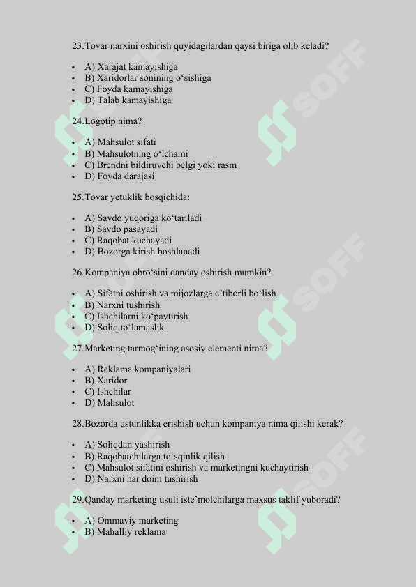 MARKETING TEST TO'PLAMI (50ta) 4