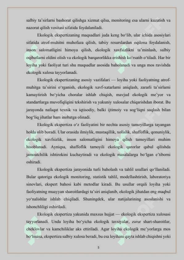 Ekologik ekspertizaga qo'yiladigan talablar va atrof muhitga tasirini baholash  KURS ISHI 5