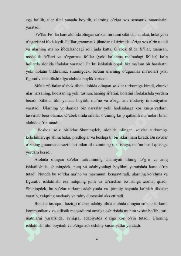 Hozirgi o‘zbek adabiy tilida alohida olingan so‘zlar turkumi 6