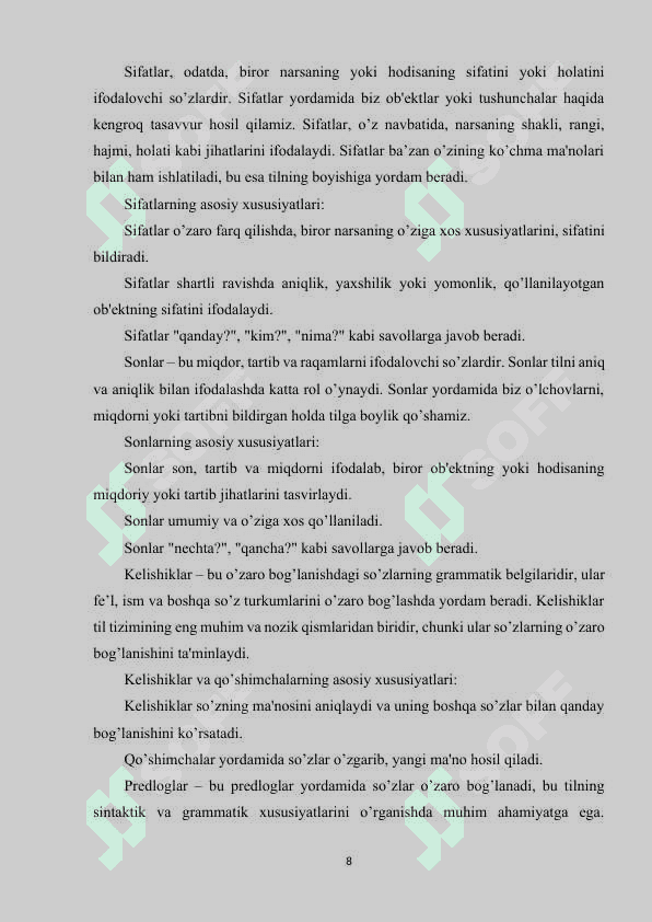 Hozirgi o‘zbek adabiy tilida alohida olingan so‘zlar turkumi 8