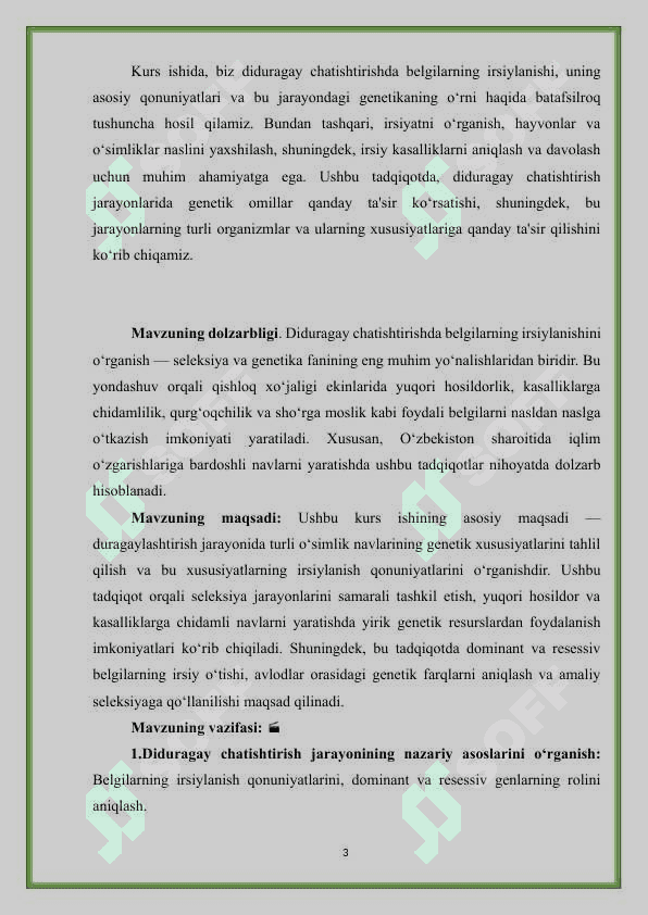 Mavzu Diduragay chatishtirishda belgilarning irsiylanishi KURS ISHI 3