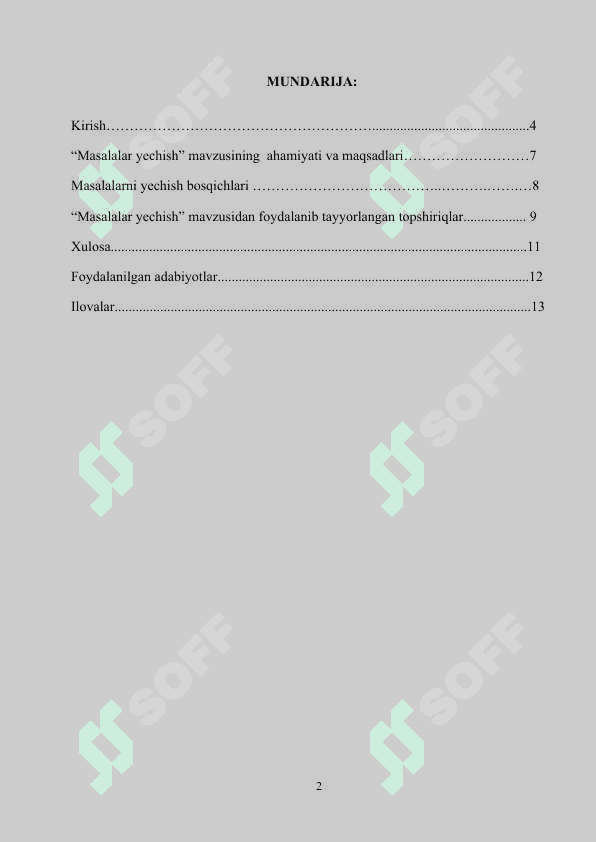 “Masalalar yechish” mavzusidagi  MIKRODARSI 2