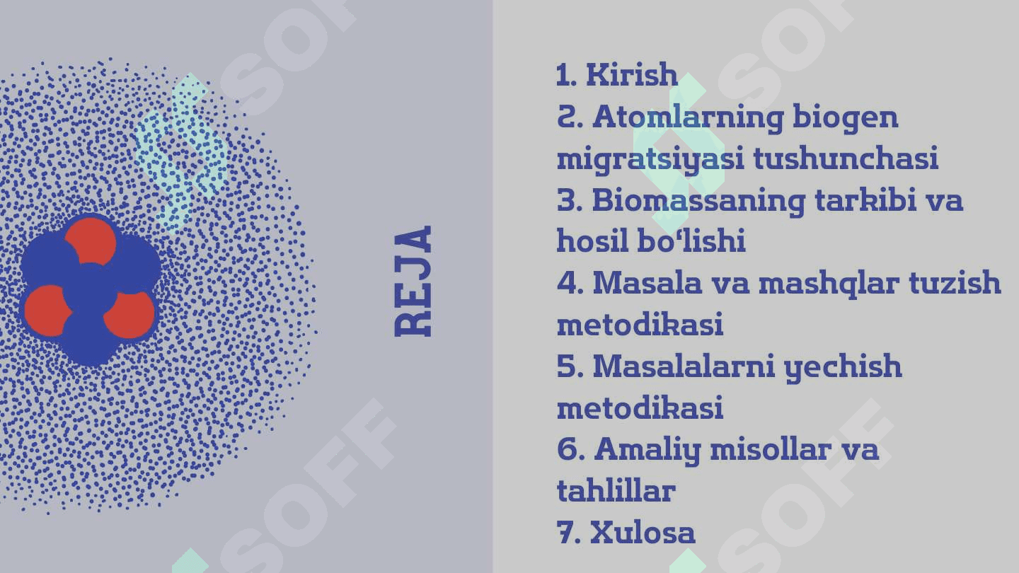 Atomlarning
biogen migratsiyasi va
biomassasiga doir
masala va mashq
tuzish hamda yechish
metodikasi 2