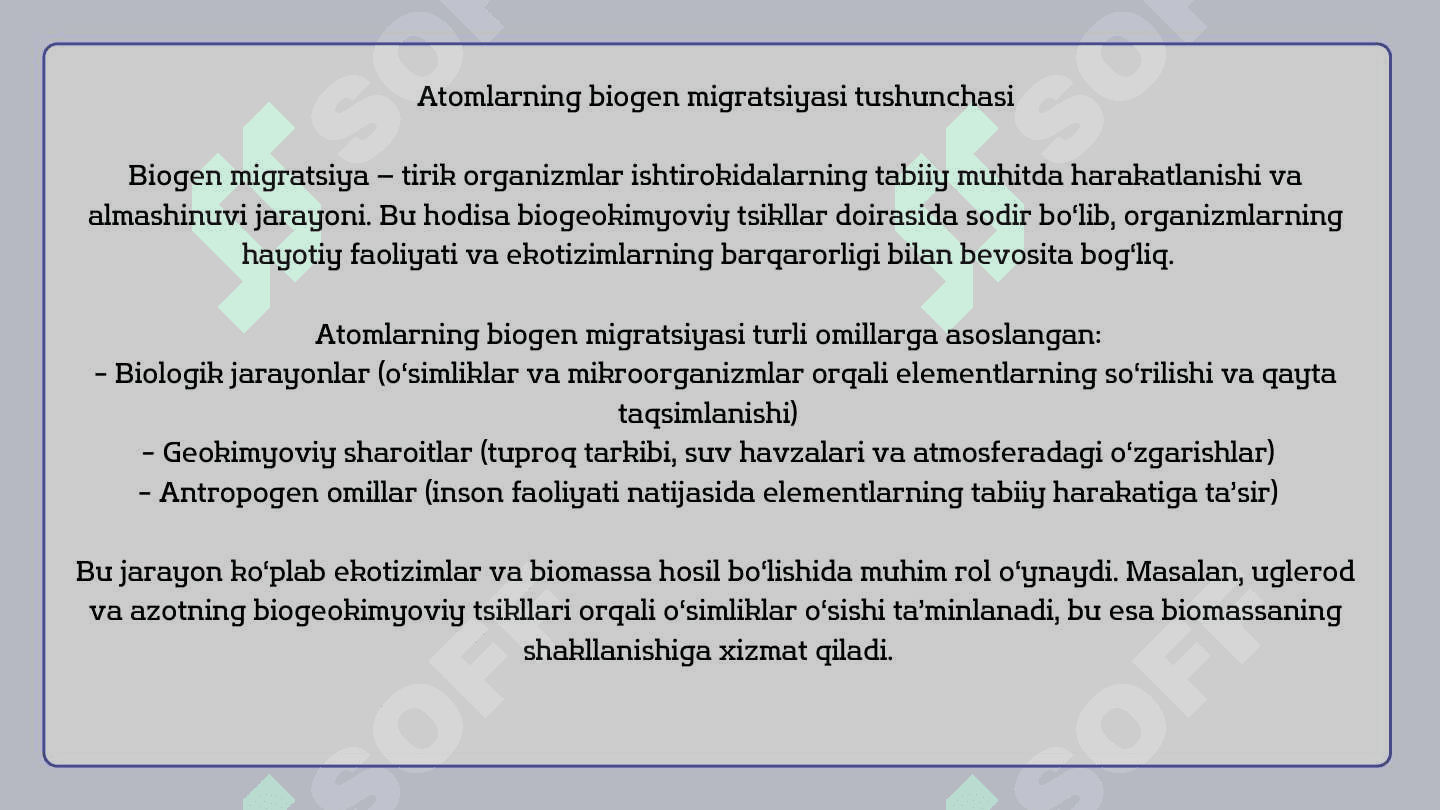 Atomlarning
biogen migratsiyasi va
biomassasiga doir
masala va mashq
tuzish hamda yechish
metodikasi 4