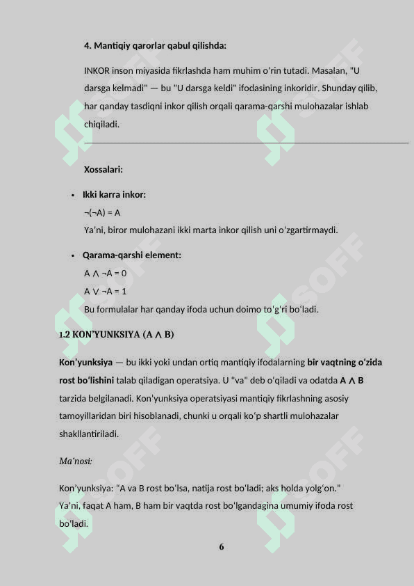 Mantiq algebrasida oddiy operatsiyalar va munosabatlar. Mantiq algebrasining aksiomalari. 6