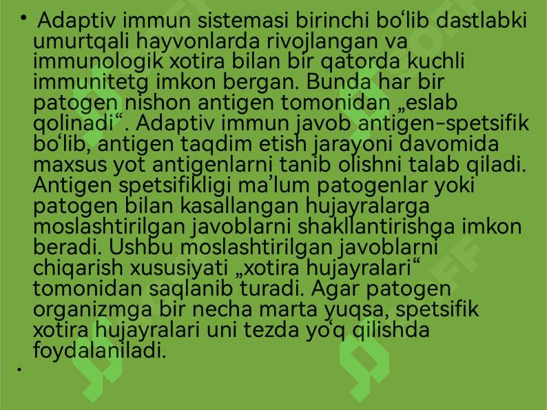 Adaptiv immunitet, shakllanish prinsiplari. Hujayraviy gumoral tipdagi immun reaksiyalar, mexanizmlari. Immun sistemaga baho berish usullari. Immunoprofilaktika 4