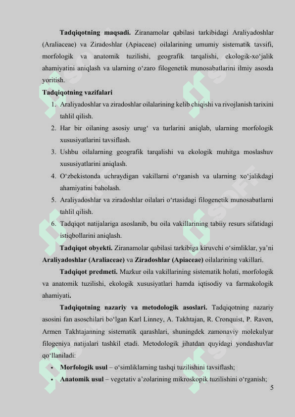 Ziranamolar qabilasi (araliyadoshlar, ziradoshlar) oilalarining umumiy tasnifi 5