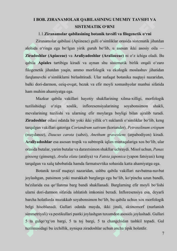 Ziranamolar qabilasi (araliyadoshlar, ziradoshlar) oilalarining umumiy tasnifi 7