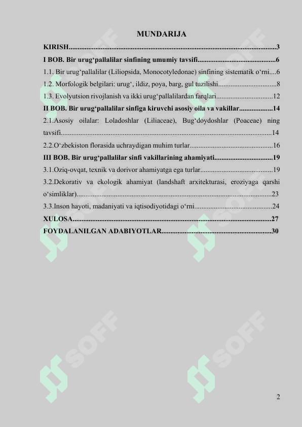 Bir urug‘pallalilar sinfi. Asosiy vakillari. Ahamiyati 2