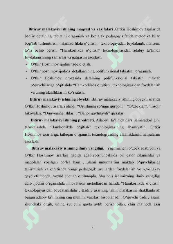 O‘tkir hoshimov prozasida badiiy detalning polifunksional tabiati O‘tkir hoshimov prozasida badiiy detalning polifunksional tabiati 5