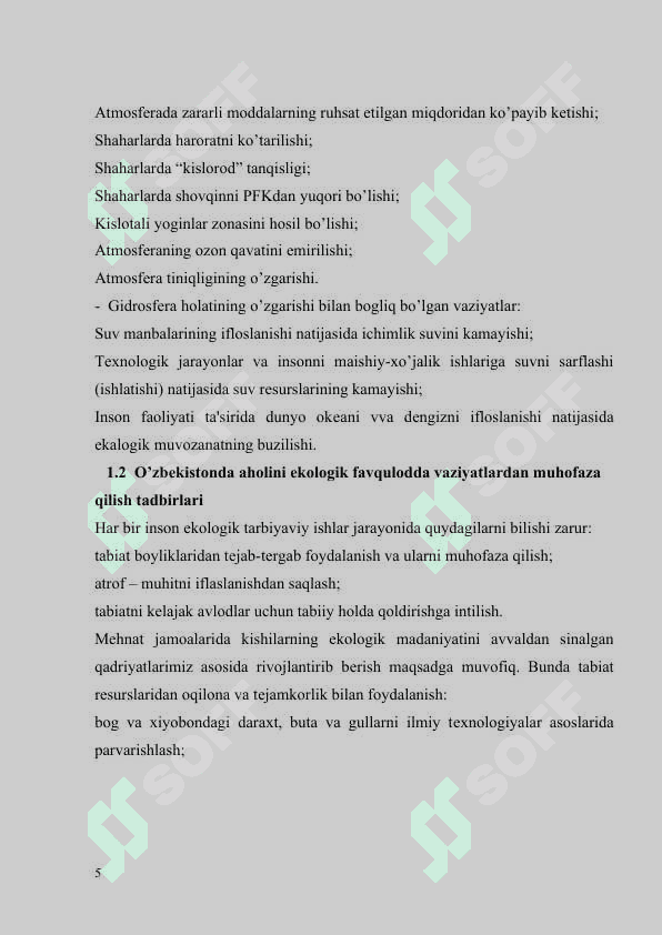 Ekologik tusdagi favqulodda vaziyatlar, ularning tasnifi va tavsifi. O’zbеkistonda aholini ekologik favquloddan  vaziyatlardan muhofaza qilish tadbirlari 5