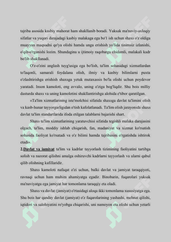 O’zbekiston Respublikasi ta’lim tizimi. Pedagogika shaxs tarbiyasi va rivojlanishi to’g’risidagi fan. Ilmiy-pedagogik tadqiqotlar metodologiyasi va metodlari. Shaxsning rivojlanishi, tarbiyasi va ijtimoiylashuvi. 7